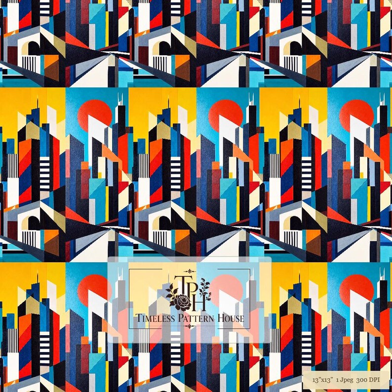K&ouml;nnte beinhalten: Ein sich wiederholendes digitales Muster mit einer stilisierten Stadtlandschaft aus geometrischen Wolkenkratzern in Blau-, Rot-, Orange- und Gelbt&ouml;nen vor einer hellen Sonne. Ein Logo zeigt Timeless Pattern House und ein Etikett 33x33 cm 1 Jpeg 300 DPI.