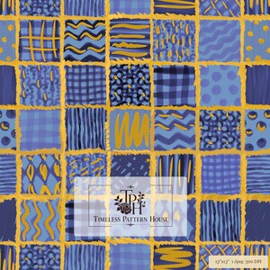 Blue Gold Patchwork Pattern Digital Paper | Cobalt Navy Plaid Leopard Wave Tile | Fabric Sublimation Print Scrapbook Background 13x13 300dpi