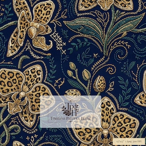 Könnte beinhalten: Ein dunkelblaues Stoffmuster mit gold-braunen Orchideen im Leopardenmuster, grünen Blättern und Zierstichen. Ein zentrales rechteckiges Logo zeigt TPH Timeless Pattern House, mit einem kleinen Etikett mit der Aufschrift 13x13 1 Jpeg 300 DPI.