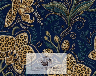 May include: A dark blue fabric pattern featuring embroidered-style gold and brown leopard print orchids, green leaves, and decorative stitching. A central rectangular logo reads TPH Timeless Pattern House, with a small label stating 13x13 1 Jpeg 300 DPI.