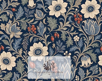May include: A seamless digital pattern featuring cream-colored flowers, blue foliage, and red berries on a dark navy background. A central logo reads TPH Timeless Pattern House, and a bottom label indicates 13 inches by 13 inches, 1 jpeg 300 DPI.