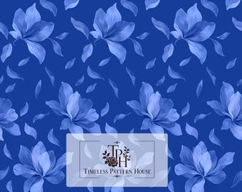 May include: A seamless digital pattern featuring light blue floral blossoms and scattered petals on a solid royal blue background. A rectangular logo overlay displays the text "TPH Timeless Pattern House" and a small floral icon. A label reads 13"x13" 1 Jpeg 300 DPI.
