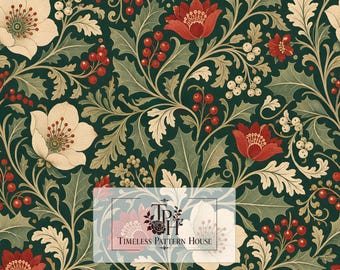 May include: A seamless pattern featuring dark green foliage, cream-colored flowers, and clusters of red berries. A rectangular overlay displays the text Timeless Pattern House with a floral logo, and a small label reads 13x13 1 Jpeg 300 DPI.
