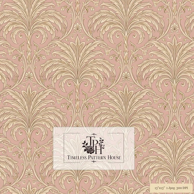 Timeless Icon Without Background Blush Pink Acanthus Damask Seamless Pattern | Victorian Scroll Fabric ...