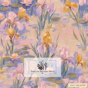 Iris Water Lily Seamless Pattern | Monet Style Floral Digital Paper (13x13 inch JPEG)