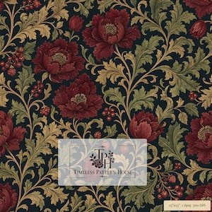 May include: A seamless digital pattern featuring deep red peonies and small red berries intertwined with intricate olive green and gold foliage on a dark background. The text reads "TPH TIMELESS PATTERN HOUSE" and "13"x13" 1 Jpeg 300 DPI".