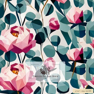 Könnte beinhalten: Ein nahtloses digitales Muster mit geometrischen, facettierten rosa Pfingstrosen und dunkelblauen Eukalyptusblättern auf cremefarbenem Grund. Ein Logo zeigt Timeless Pattern House. Ein Etikett unten gibt 13"x13" 1 Jpeg 300 DPI an.
