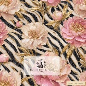 May include: A seamless digital pattern featuring textured pink peonies and metallic gold leaves set against a black and white zebra stripe background. The design includes the text Timeless Pattern House and 13x13 1 Jpeg 300 DPI.