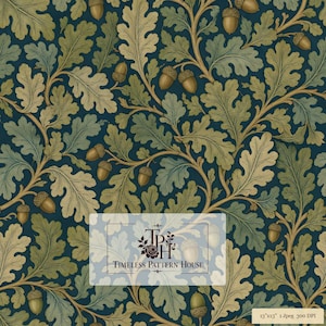 May include: A seamless pattern featuring detailed oak leaves and acorns in shades of green, tan, and brown against a dark navy blue background. A central white rectangular label displays the text TP H TIMELESS PATTERN HOUSE and 13x13 1 Jpeg 300 DPI.