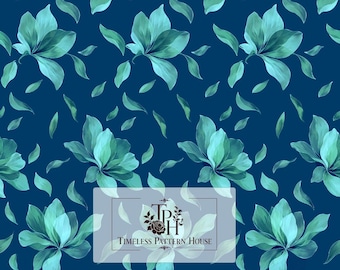 May include: A seamless digital pattern featuring teal and light green floral motifs scattered across a dark blue background. A rectangular logo overlay displays the text "TPH TIMELESS PATTERN HOUSE" and a small "13"x13" 1 Jpeg 300 DPI" label.