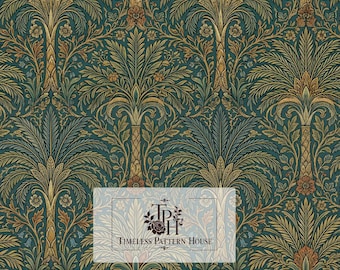 May include: A repeating wallpaper pattern featuring stylized palm trees and floral motifs in shades of dark teal, gold, and muted orange. The design includes the text TPH Timeless Pattern House and the dimensions 13"x13" 1 Jpeg 300 DPI.