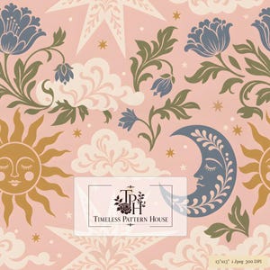 Op de afbeelding: Een naadloos patroon op een oudroze achtergrond met blauwe bloemen, groene bladeren, witte wolken, gouden zonnen, blauwe maansikkels en witte sterren. Een rechthoekig logo toont TPH Timeless Pattern House. Tekst onderaan: 33cm x 33cm, 1 Jpeg, 300 DPI.