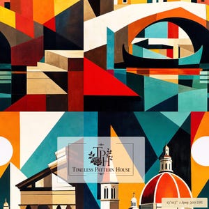 Könnte beinhalten: Ein digitaler Kunstdruck mit einem geometrischen, abstrakten Stadtbild in kräftigen Blöcken aus Rot, Orange, Türkis und Schwarz. Das Design zeigt eine Brücke, eine Gondel und ein Kuppelgebäude. Text: Timeless Pattern House, 33x33 cm, 300 DPI.