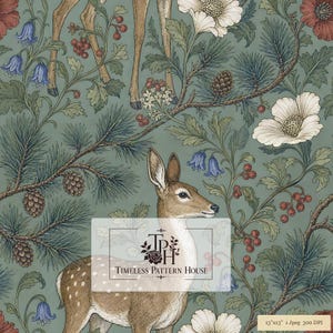 May include: A digital pattern featuring a deer, pine branches with cones, red berries, and white and blue flowers on a sage green background. The text "TPH TIMELESS PATTERN HOUSE" is centered, and a label reads "13"x13" 1 Jpeg 300 DPI".