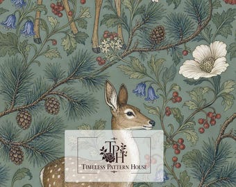 May include: A digital pattern featuring a deer, pine branches with cones, red berries, and white and blue flowers on a sage green background. The text "TPH TIMELESS PATTERN HOUSE" is centered, and a label reads "13"x13" 1 Jpeg 300 DPI".