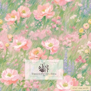May include: A digital pattern featuring a field of pink peonies and small wildflowers on a green background. A rectangular label in the centre displays the text Timeless Pattern House with a floral logo. A small tag indicates 13 inches by 13 inches.