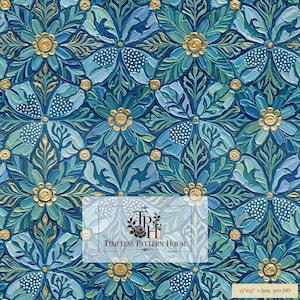 Blue Gold Floral Tile Pattern | Art Nouveau Botanical Seamless Repeat | Fabric Wallpaper POD Sublimation