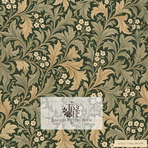 May include: A digital pattern featuring intricate acanthus leaves in shades of sage green and tan against a dark forest green background, accented with small white flowers. The text reads TPH TIMELESS PATTERN HOUSE and 13"x13" 1 Jpeg 300 DPI.