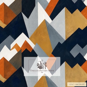 Peut inclure: Un motif numérique répétitif composé de formes géométriques de montagnes dans des tons bleu marine, orange brûlé, jaune moutarde, blanc et gris. Un encart rectangulaire affiche le texte Timeless Pattern House avec un logo floral et 13x13 1 Jpeg 300 DPI.