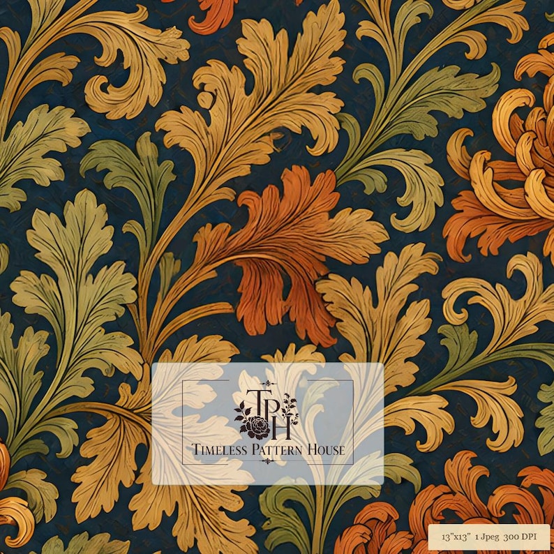 Victorian Chrysanthemum Floral Damask Pattern | Navy Gold Rust ...