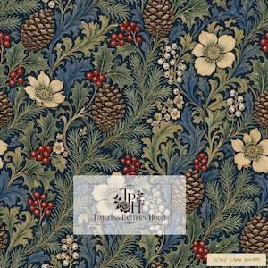 May include: A repeating pattern featuring brown pinecones, red berries, white flowers, and green foliage on a dark blue background. A rectangular overlay displays the text TPH Timeless Pattern House and a small label stating 13x13 1 Jpeg 300 DPI.