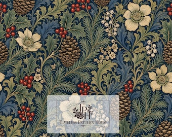 May include: A repeating pattern featuring brown pinecones, red berries, white flowers, and green foliage on a dark blue background. A rectangular overlay displays the text TPH Timeless Pattern House and a small label stating 13x13 1 Jpeg 300 DPI.