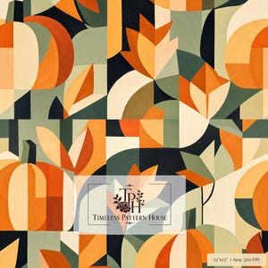 May include: A seamless digital pattern featuring geometric shapes, stylised pumpkins, and autumn leaves in shades of orange, sage green, cream, and black. A rectangular overlay displays the text Timeless Pattern House with a floral logo.