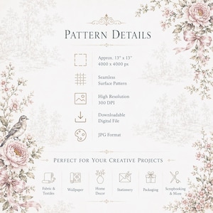 K&ouml;nnte beinhalten: Ein digitales Informationsblatt mit dem Titel Pattern Details, verziert mit Blumen- und Vogelillustrationen. Es enth&auml;lt Spezifikationen wie 33 cm x 33 cm, 4000 x 4000 px, nahtloses Oberfl&auml;chenmuster, 300 DPI und das JPG-Format.