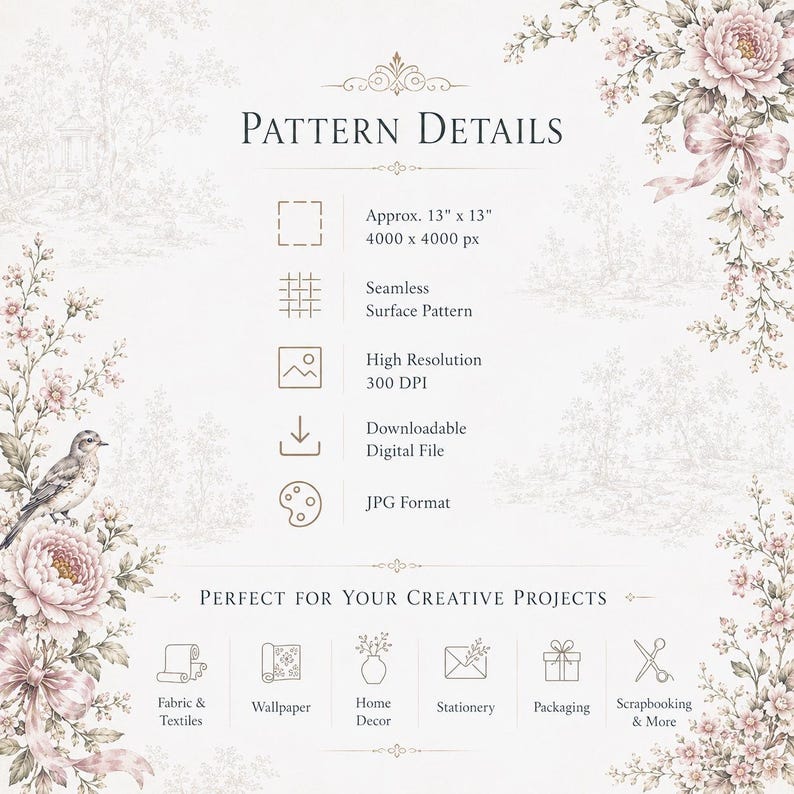 K&ouml;nnte beinhalten: Ein digitales Informationsblatt mit dem Titel Pattern Details, verziert mit Blumen- und Vogelillustrationen. Es enth&auml;lt Spezifikationen wie 33 cm x 33 cm, 4000 x 4000 px, nahtloses Oberfl&auml;chenmuster, 300 DPI und das JPG-Format.