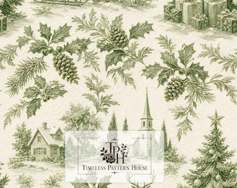 May include: A cream-colored fabric featuring a repeating green winter scene pattern with pine trees, holly branches, pinecones, a sleigh, a deer, a house, and a church. The text Timeless Pattern House is centered in a white rectangular box.