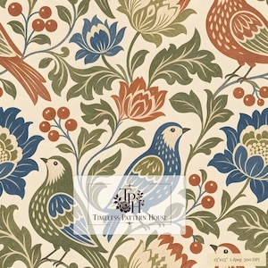 Könnte beinhalten: Ein nahtloses Muster mit stilisierten Vögeln, großen blauen und orangefarbenen Blumen sowie roten Beerenclustern auf cremefarbenem Grund. Der Text TPH Timeless Pattern House ist zentriert, unten rechts steht 13x13 1 Jpeg 300 DPI.