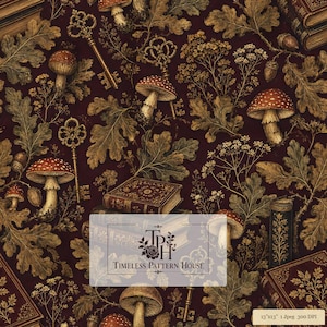 Motif champignon cottagecore sombre | Feuilles de chêne à l'ancienne | Papier peint numérique à répétition sans raccord pour tissu/papier peint POD