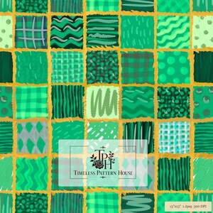 Könnte beinhalten: Ein digitales Muster mit einem Raster aus grünen Quadraten mit verschiedenen Texturen, darunter Streifen, Punkte und Karos, getrennt durch goldene Linien. Der Text lautet TPH TIMELESS PATTERN HOUSE und 33 cm x 33 cm 1 Jpeg 300 DPI.