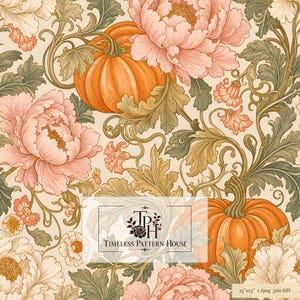 May include: A seamless digital pattern featuring orange pumpkins and large, light pink peony flowers with intricate sage green foliage on a cream background. The design includes a logo with the text Timeless Pattern House and a label stating 13x13 1 jpeg 300 DPI.