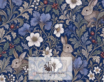 May include: A seamless pattern on a deep blue background featuring brown rabbits, white flowers, blue iris-like blossoms, and red berries with green foliage. A central logo reads TPH Timeless Pattern House, with a 13x13 inch label at the bottom.