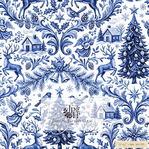 May include: A seamless digital pattern featuring blue and white illustrations of reindeer, angels playing lutes, pine trees, houses, birds, and bells. The text TPH Timeless Pattern House is centred. A label in the corner reads 13"x13" 1 Jpeg 300 DPI.