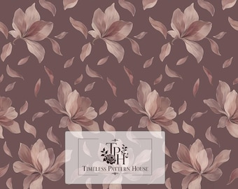 May include: A seamless digital pattern featuring muted mauve flowers and scattered petals on a dark dusty rose background. A central rectangular logo displays the text TPH Timeless Pattern House. A small label reads 13 inches x 13 inches 1 Jpeg 300 DPI.