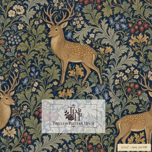 Puede incluir: Un patrón digital con ciervos de color tostado con manchas blancas en medio de un denso fondo botánico de campanillas azules, hojas de acanto verdes y bayas rojas sobre un campo azul oscuro. El texto dice Timeless Pattern House y 13x13 1 Jpeg 300 DPI.