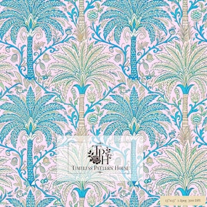 May include: A repeating pattern featuring stylized palm trees and floral elements in shades of blue, green, and tan on a light pink background. A rectangular overlay displays the text "TPH TIMELESS PATTERN HOUSE" and "13"x13" 1 Jpeg 300 DPI".