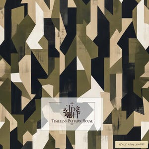 Könnte beinhalten: Ein digitales Muster mit einem geometrischen Tarnmuster in den Farben Olivgrün, Schwarz, Beige und Weiß. Das Bild enthält ein zentrales Logo für Timeless Pattern House und ein Etikett mit der Angabe 33,02 cm mal 33,02 cm bei 300 DPI.