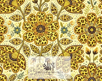 Leopard Print Floral Seamless Pattern | Gold Yellow Embroidered Botanical Repeat | Fabric Sublimation Wallpaper Surface Design