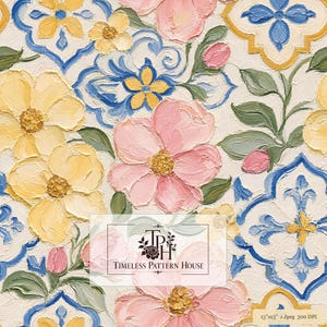Ölgemälde-Blumenmuster für Fliesen | Rosa Rose, Gelbe Blüte, Majolika (Digitaler Download)