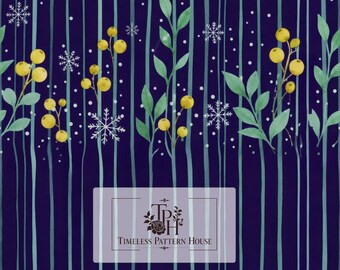 May include: A dark blue background with vertical light blue stripes, white snowflakes, and yellow berries on green stems. A central rectangular label displays the text "Timeless Pattern House" with a floral logo. A small tag reads "13"x13" 1 Jpeg 300 DPI".