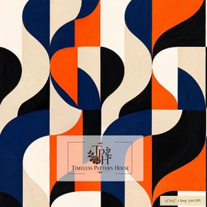 Può includere: Un motivo ripetitivo con forme curve audaci in arancione vibrante, blu navy profondo, nero e crema. Il design include una filigrana con il testo Timeless Pattern House e un'etichetta che indica 33,02 cm per 33,02 cm, 1 Jpeg 300 DPI.