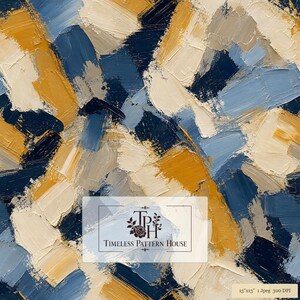 May include: A digital pattern featuring thick, textured oil paint brushstrokes in shades of navy blue, light blue, cream, and mustard yellow. A rectangular overlay displays the text TPH Timeless Pattern House with a floral icon and 13x13 1 Jpeg 300 DPI.