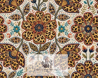 May include: A textile pattern featuring embroidered flowers with leopard print petals, dark blue centers, and orange accents on a cream background. The text reads "TPH TIMELESS PATTERN HOUSE" and "13"x13" 1 JPEG 300 DPI" is visible in the corner.