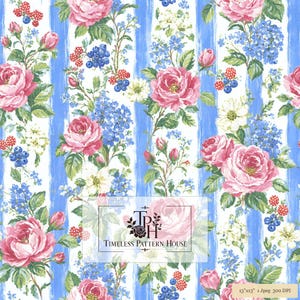May include: A repeating pattern featuring vertical blue brushstroke stripes interspersed with pink roses, blue forget-me-nots, and red berries. A central logo reads TPH Timeless Pattern House, with a small label noting 33x33 cm 1 jpeg 300 DPI.