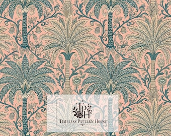 May include: A repeating wallpaper pattern featuring dark teal palm trees and floral motifs on a soft peach background. A rectangular overlay displays the text TPH TIMELESS PATTERN HOUSE. A small label in the corner reads 13"x13" 1 jpeg 300 DPI.