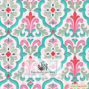 Puede incluir: Un patrón de damasco repetitivo con pinceladas texturizadas en relieve en tonos verde azulado, rosa claro, verde salvia y rojo coral. Un logo rectangular muestra el texto Timeless Pattern House con un icono floral y 33x33 cm 1 Jpeg 300 DPI.