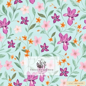 May include: A light blue background featuring a repeating floral pattern of pink, purple, and orange flowers with green leaves. A central white rectangular label displays the text "TPH TIMELESS PATTERN HOUSE" and the bottom right reads "13"x13" 1 Jpeg 300 DPI".